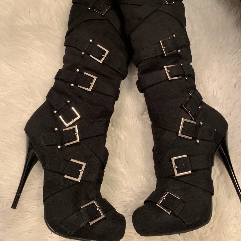 Black Suede high heel Boots with silver buckles.